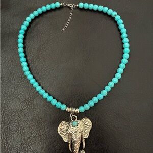 Turquoise Beaded Necklace with Silver Elephant Pendant